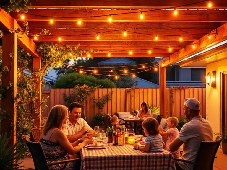 Authentic Gold Coast Outdoor Living Family Entertaining Under Timber Pergola at Golden Hour