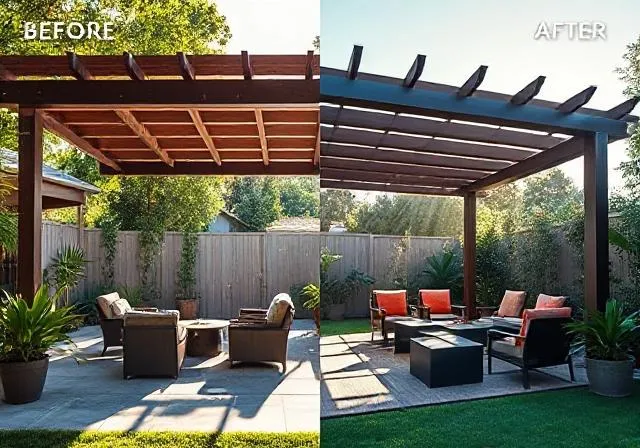 Before and after pergola installation in Robina backyard showing transformation from exposed patio to modern outdoor living space