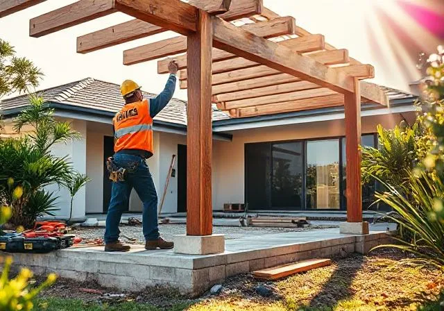 Builders installing pergola framework in Robina backyard with tools and materials neatly arranged near modern Queensland home