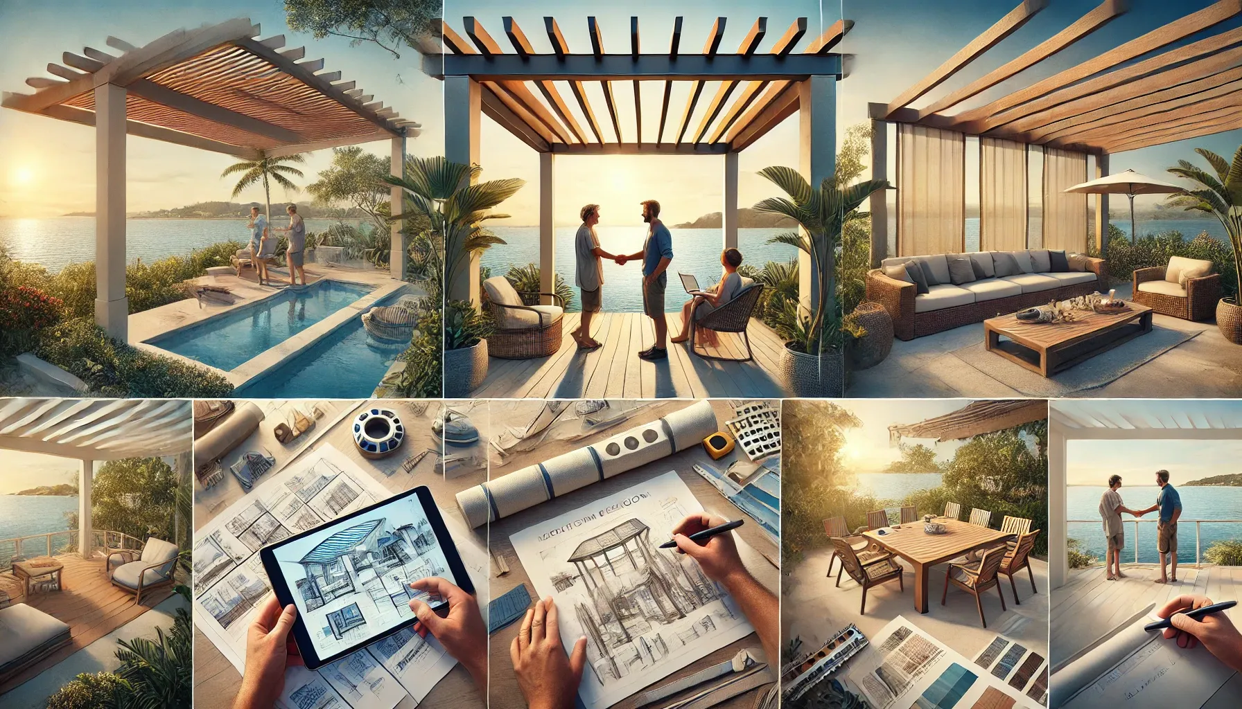 Builder consulting with a homeowner over pergola design plans