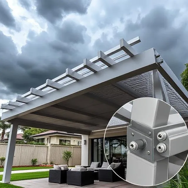 Close up of cyclone rated pergola connection with stainless steel brackets and reinforced fasteners