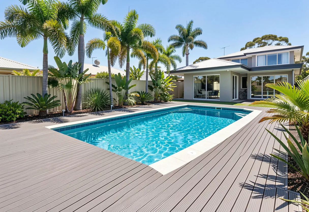 Composite decking surrounding a modern backyard swimming pool on the Gold Coast