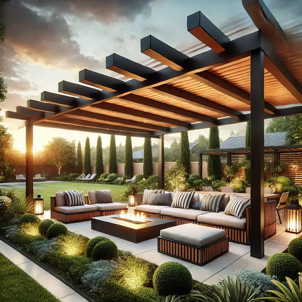 Custom pergola installation showcasing sleek lines, wood and metal elements, and integrated lighting.