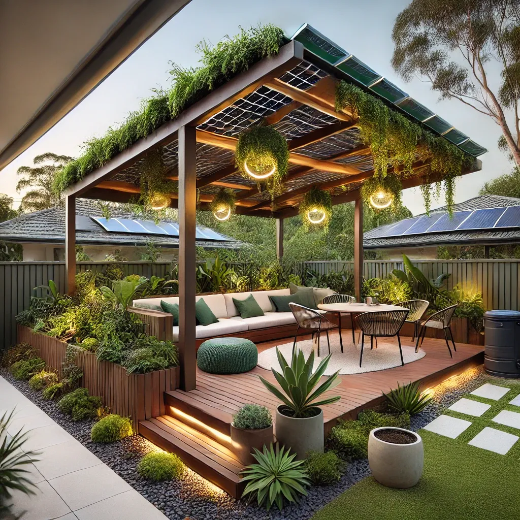 A modern eco-friendly pergola in a Gold Coast backyard, featuring a renewable timber structure, a green roof, solar-powered LED lights, a rainwater collection system, and comfortable seating made from recycled materials, surrounded by native drought-resistant plants.