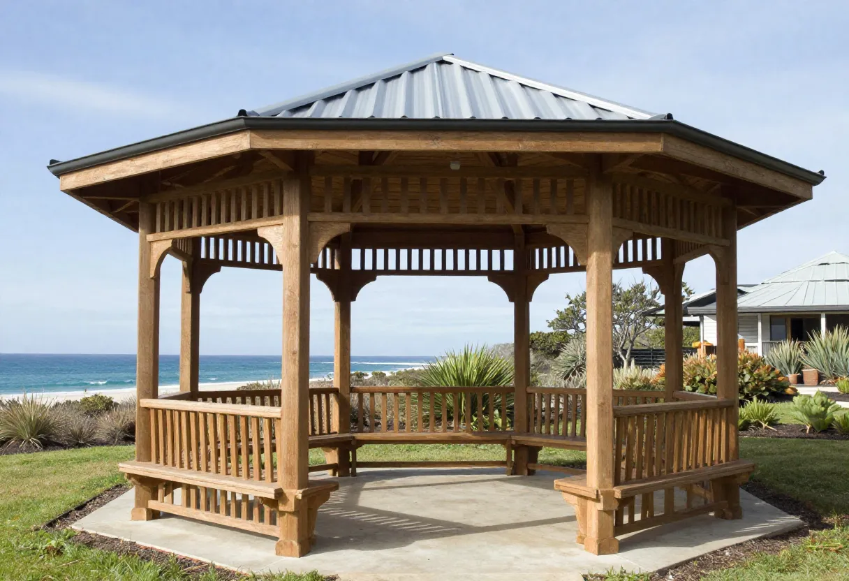 Hexagonal cedar timber gazebo with open lattice roof design