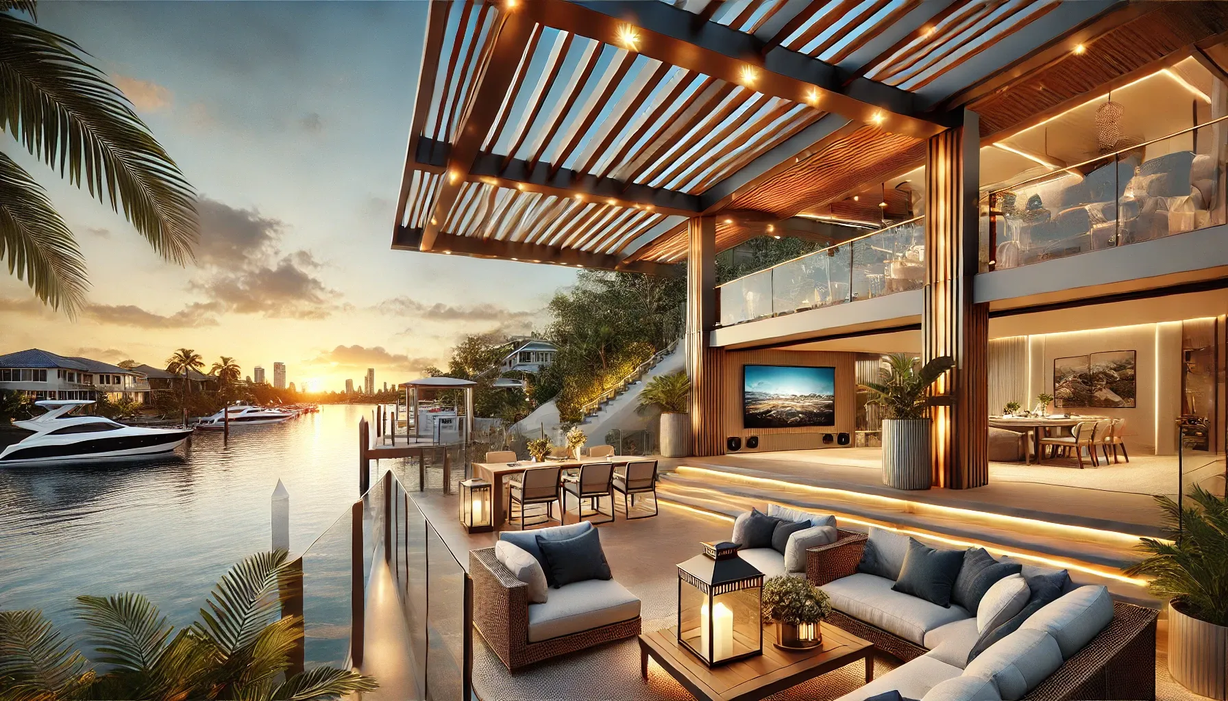 A luxurious pergola on a prestigious Bundall waterfront property, featuring marine-grade materials, automated weather protection systems, and integrated entertainment features. Designed for durability and elegance in Bundall’s coastal conditions.