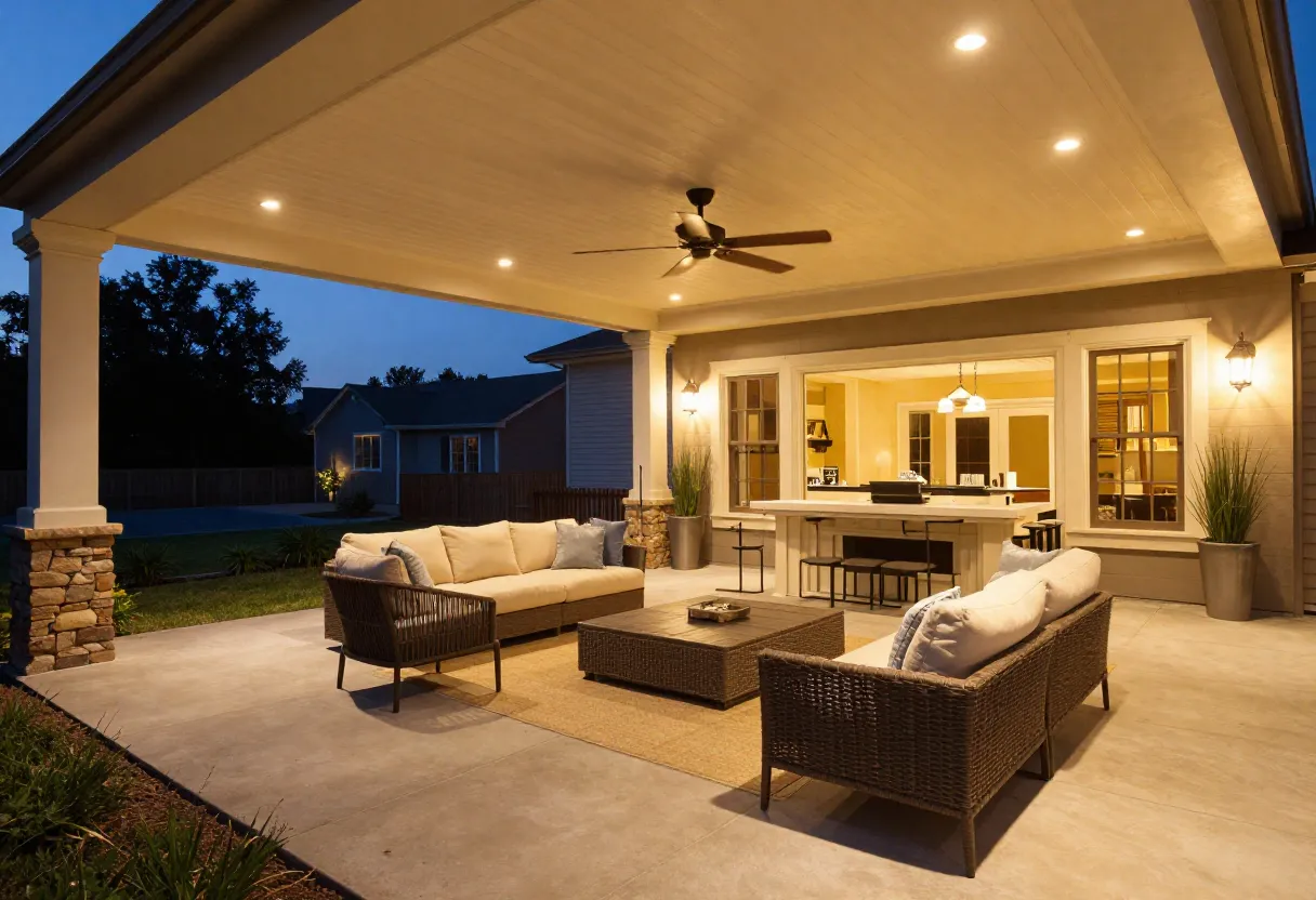 Luxurious covered patio building with insulated roof at dusk
