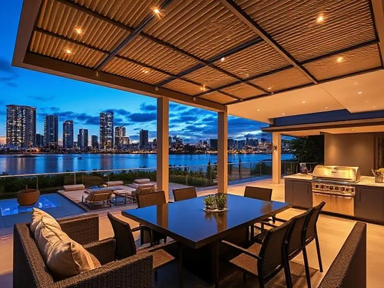 Luxury Motorized Pergola Entertainment Area in Broadbeach with Waterfront Views and Outdoor Kitchen