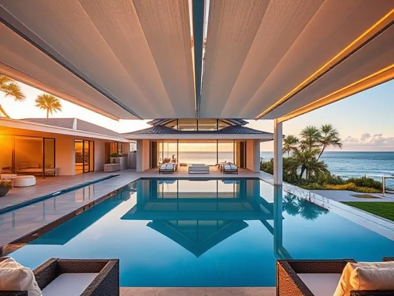 Motorised pergola with retractable louvres over an infinity pool with ocean view