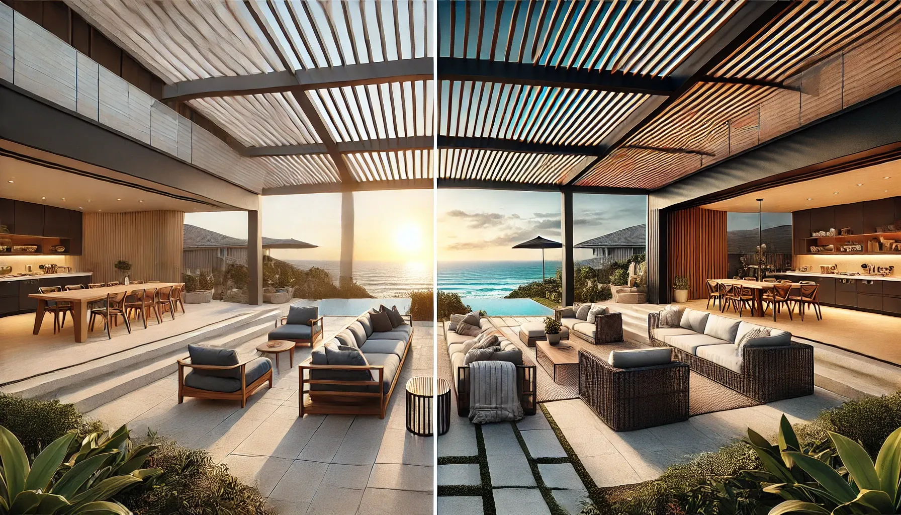 Before-and-after transformation of a sun-exposed patio into a stylish outdoor living space