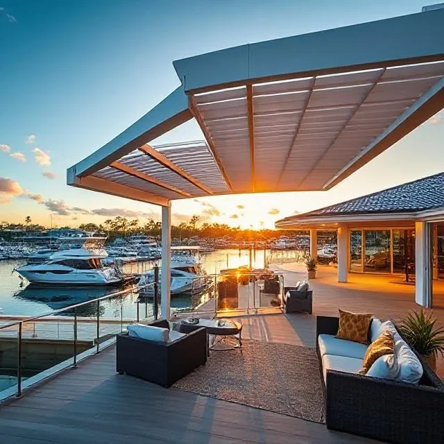 Luxury Waterfront Pergola with Motorized Louvre Roof on Hope Island Marina Deck