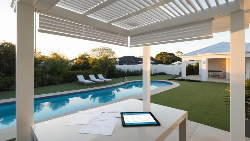 Aerial view of a pergola installation with building plans and a poolside setup
