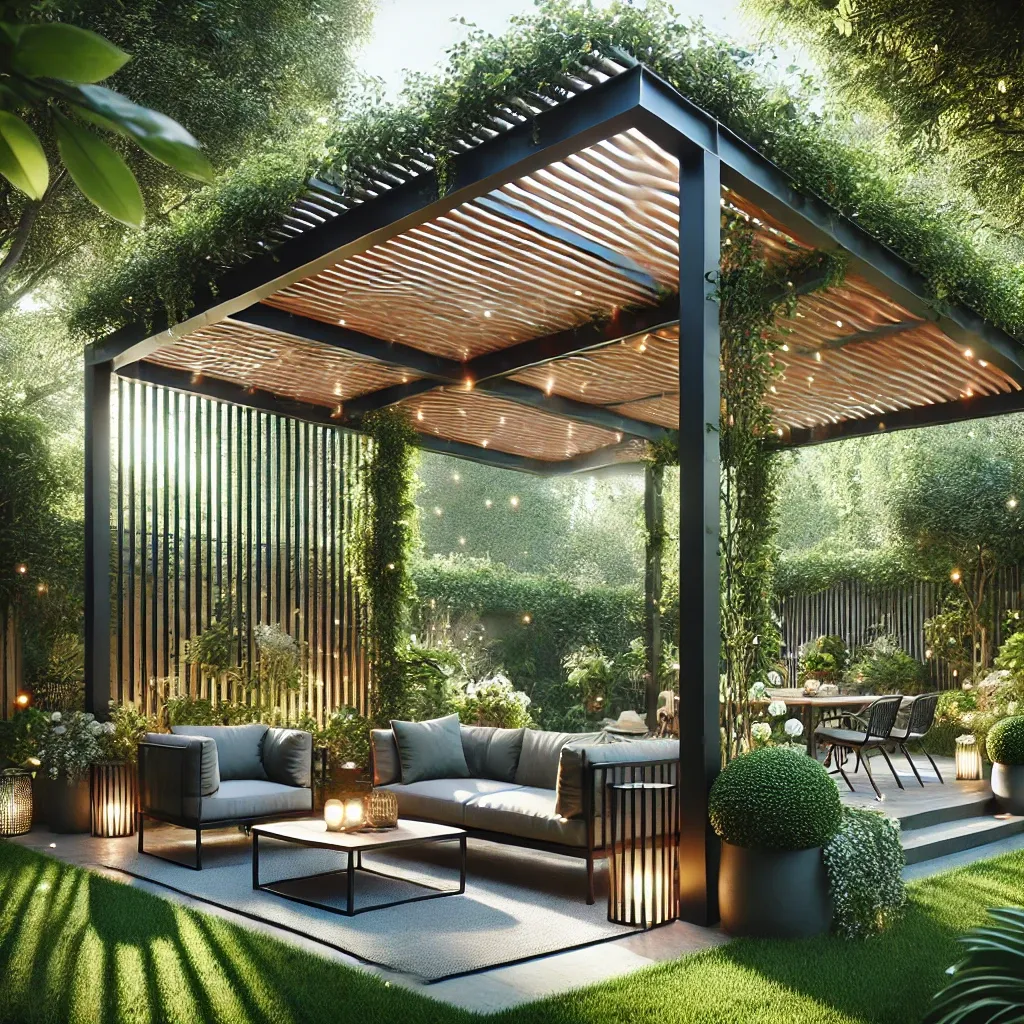 Modern pergola with greenery in a stylish backyard oasis