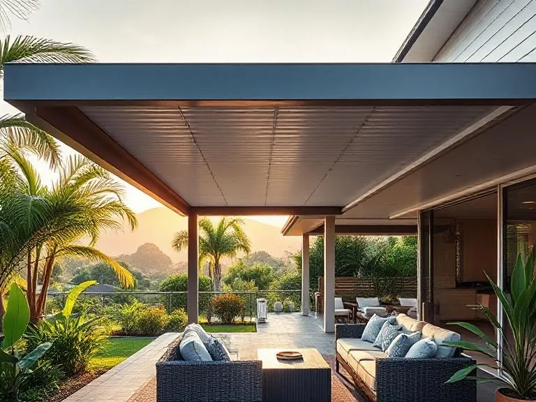 Modern custom pergola in Nerang with Colorbond roof and tropical garden setting