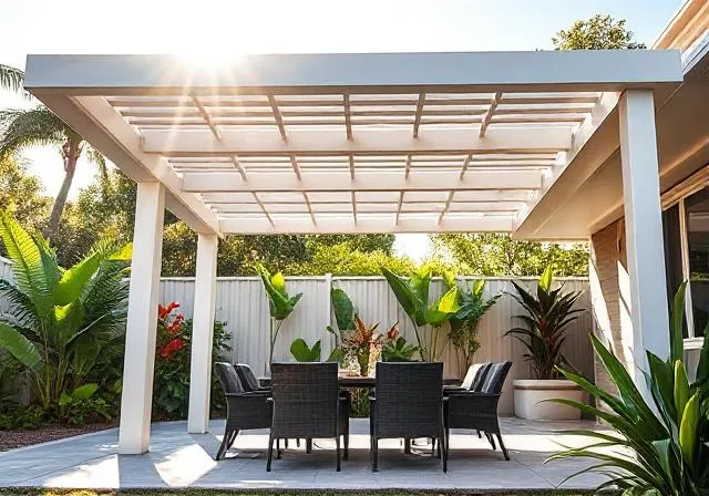 Contemporary open pergola with clean lines attached to a modern home