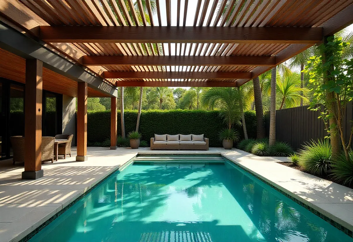 Modern pool pergola with open timber beams
