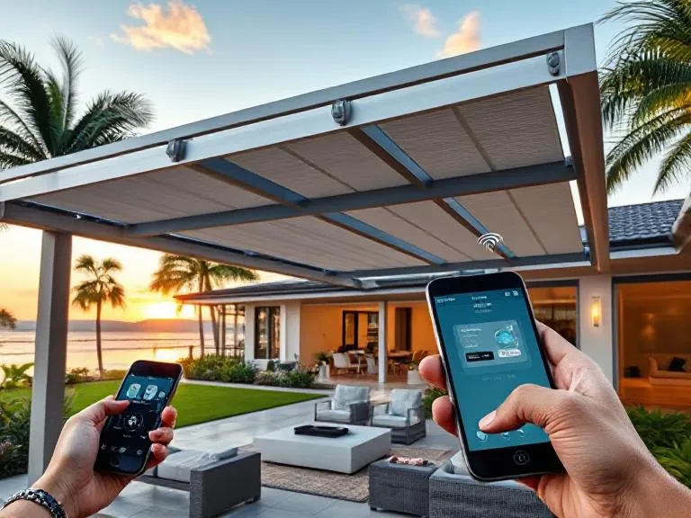 Motorised louvre pergola with smart control system over an outdoor living area