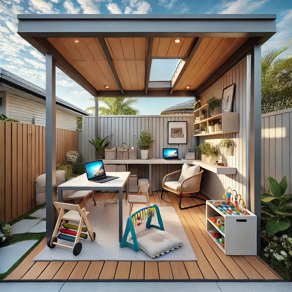 A small outdoor pergola in a modern Gold Coast backyard featuring a work-from-home setup with a laptop, a cosy dining space with a fold-away table, and a kid-friendly play area with storage, creating a functional multi-use outdoor space.