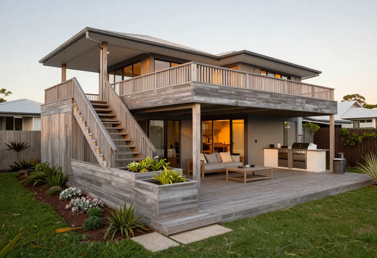 Multi-level timber deck extension with wide stairs