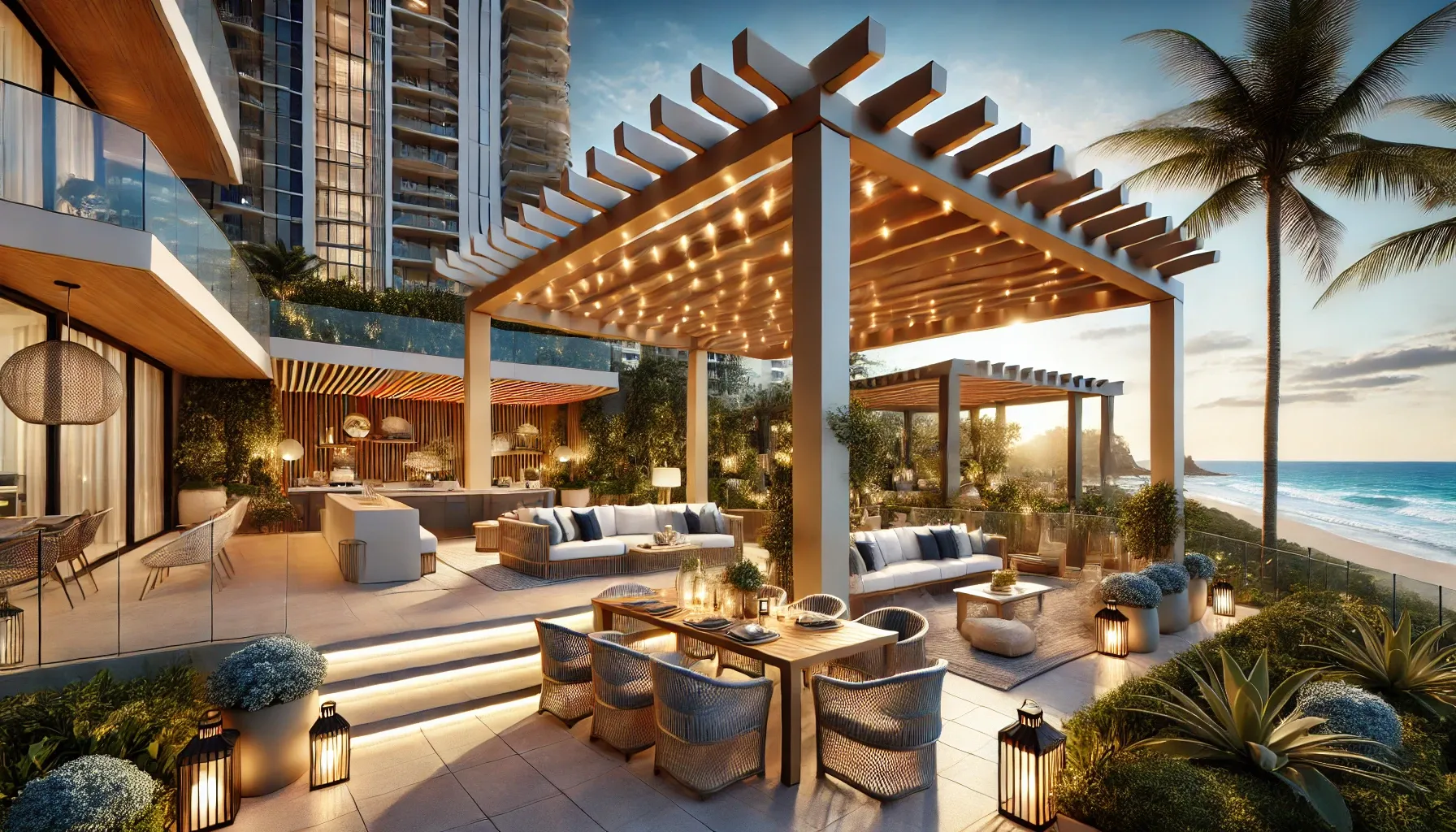Pergola over a luxury outdoor living and entertainment area in Surfers Paradise