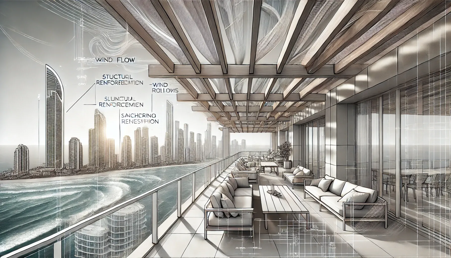 Modern pergola with a slatted roof designed for wind flow on an elevated terrace
