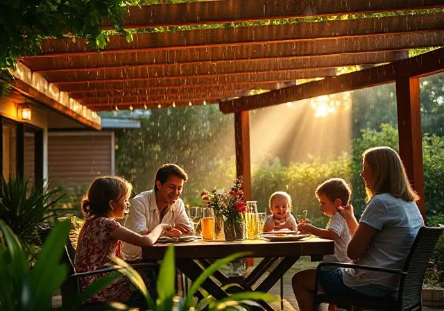 Robina family dining under storm proof pergola during light rain with children playing safely in covered outdoor area