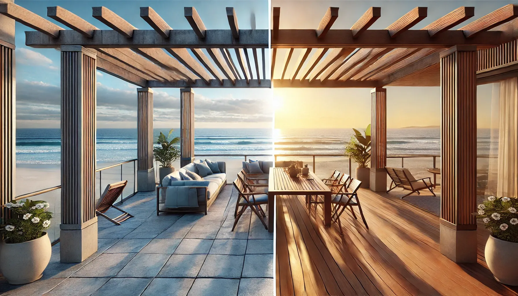 Side-by-side comparison of a corroded pergola and a pristine marine-grade pergola on a Surfers Paradise beachfront