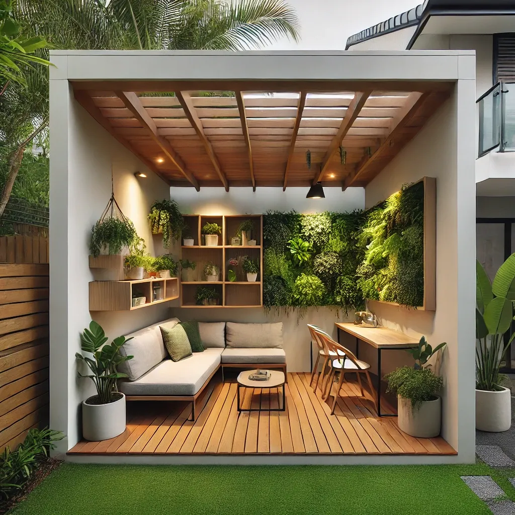 A modern small backyard in a Gold Coast home featuring an attached pergola with cosy seating, built-in storage, and vertical gardens, maximising space efficiently while offering shade and weather protection.