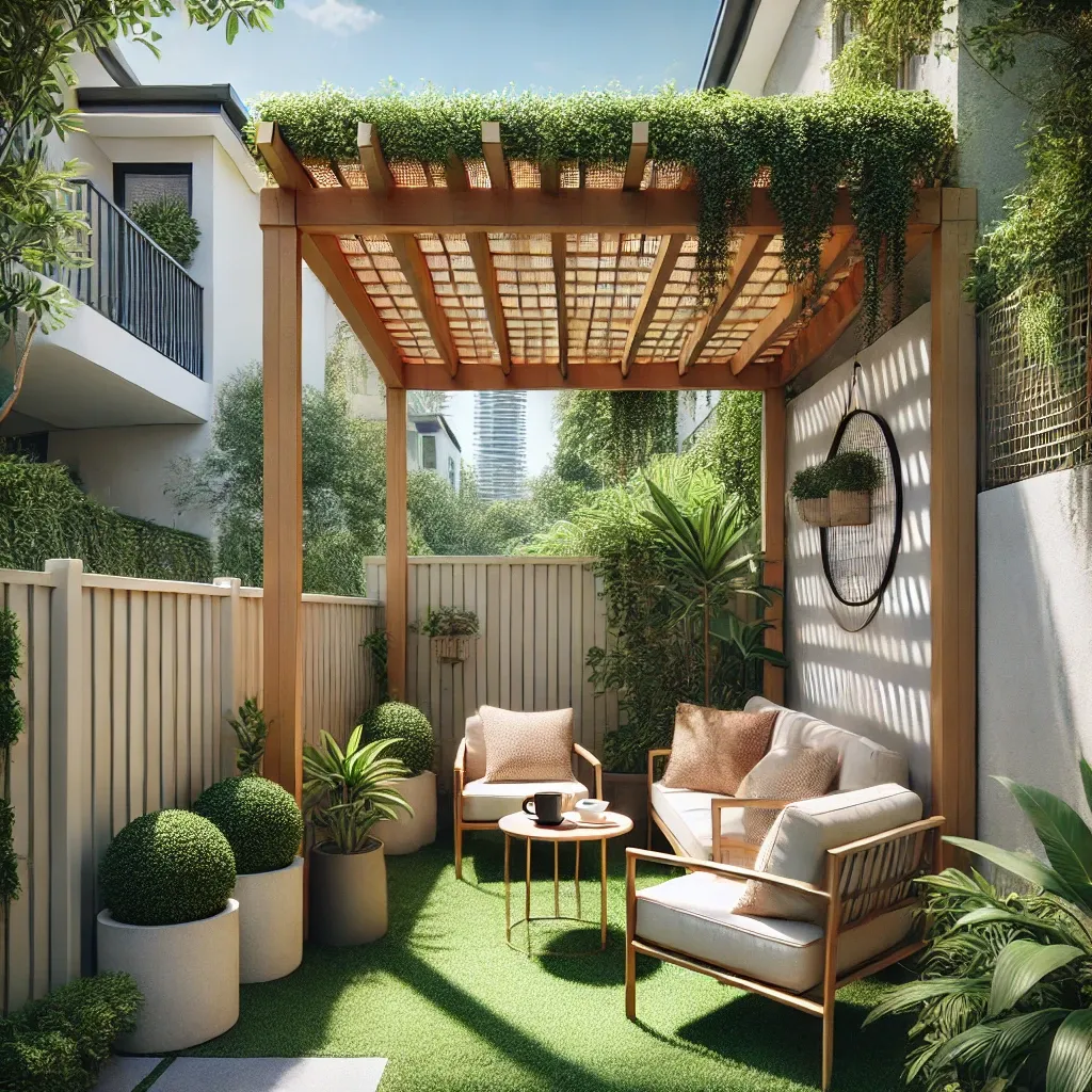 A cosy pergola in a small Gold Coast backyard, featuring comfortable outdoor seating, lush greenery, and a small table with a coffee cup, creating an inviting and practical outdoor space.
