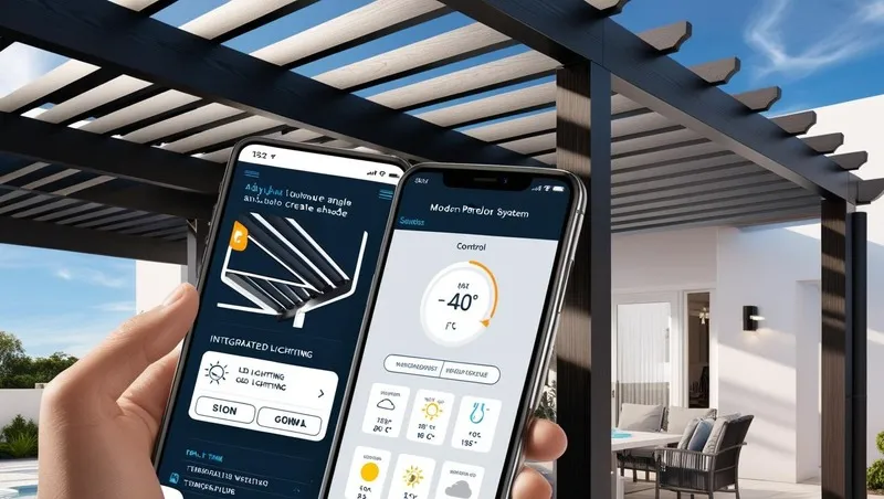 Smart pergola with motorised louvres controlled via smartphone app