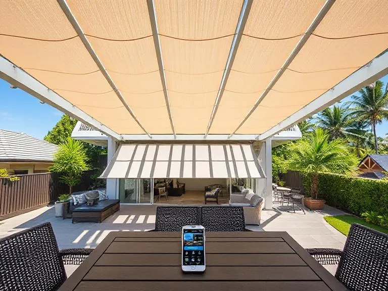 Smart automated pergolas at Broadbeach home showing zoned control features with app interface and custom sun shade settings