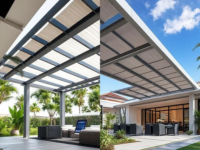 Split View of Modern Motorized Louvre Pergola System with Smart Home Controls in a Gold Coast Outdoor Setting