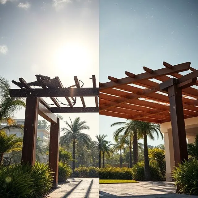 Split screen of storm damaged standard pergola vs cyclone rated Robina pergola intact after severe Gold Coast weather