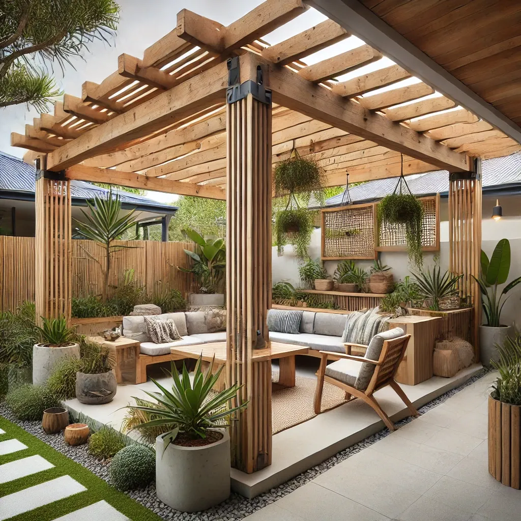 A modern eco-friendly pergola in a Gold Coast backyard, constructed from reclaimed timber beams, a ModWood composite roof, and bamboo accents, with aluminum fittings and heat-treated pine elements for durability, surrounded by native plants.