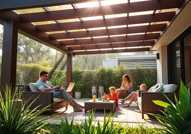 Young professional family enjoying new pergola in Robina backyard with modern design weather protection and outdoor seating