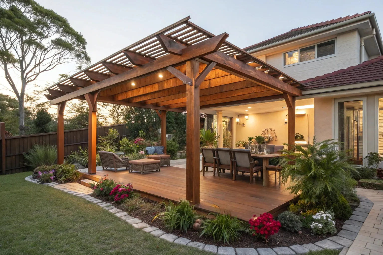 Custom Merbau timber pergola attached to Gold Coast home with outdoor dining area