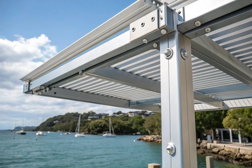 Detailed close-up of marine-grade aluminium pergola components designed for Burleigh Waters coastal conditions, showing corrosion-resistant fixtures, weatherproof connections, and automated weather response system