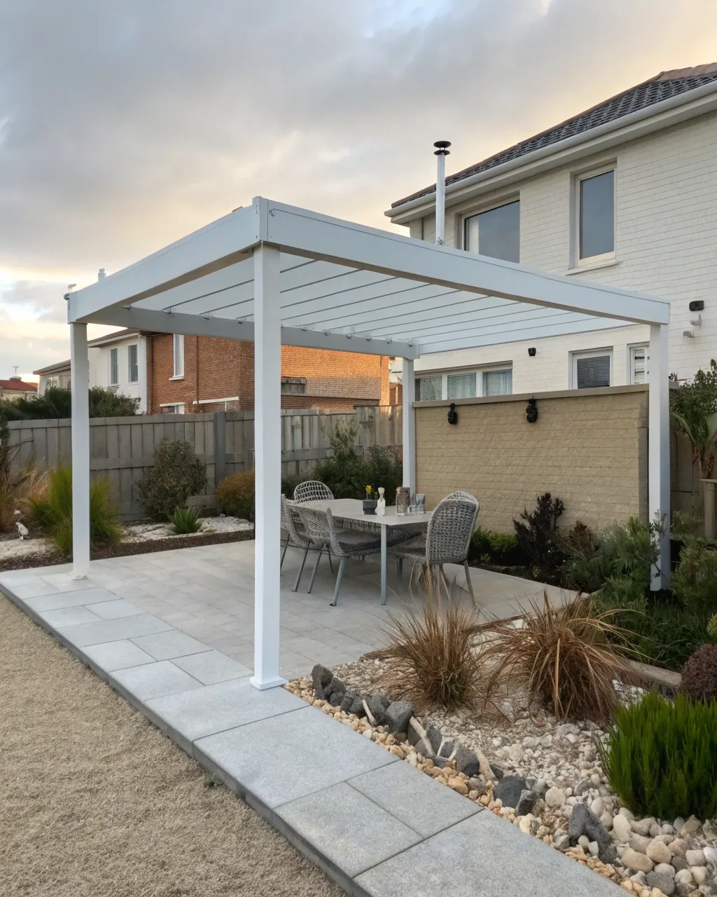 A freestanding aluminium pergola with a flat or lo
