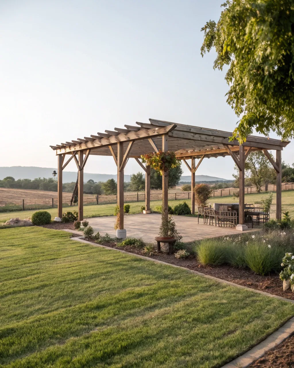 A large freestanding pergola positioned within an