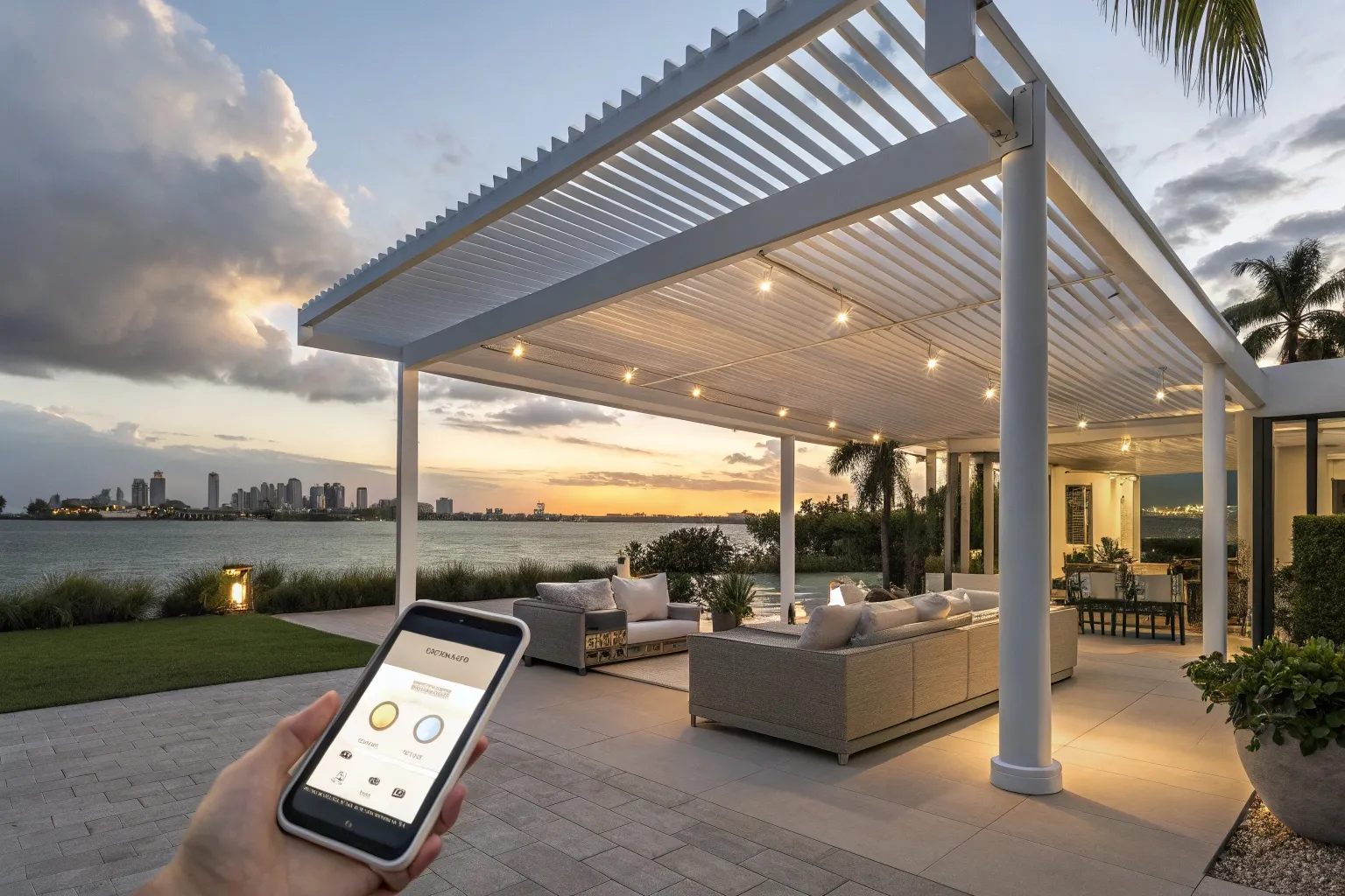 A luxury outdoor patio in with a modern white louv