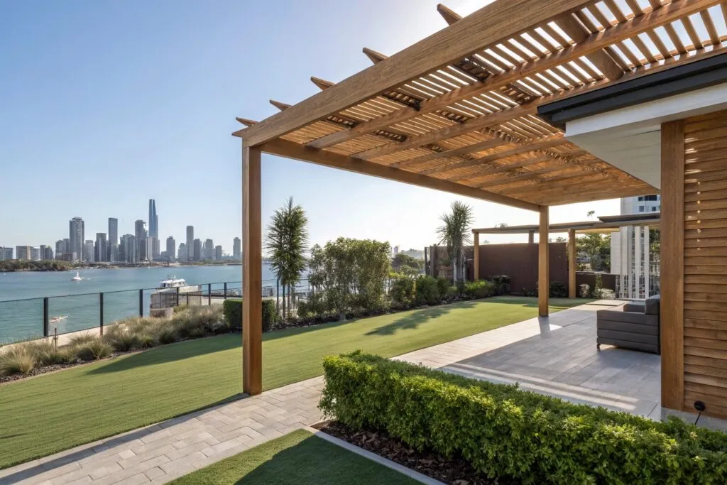 Modern pergola installation overlooking Broadbeach skyline requiring proper permits