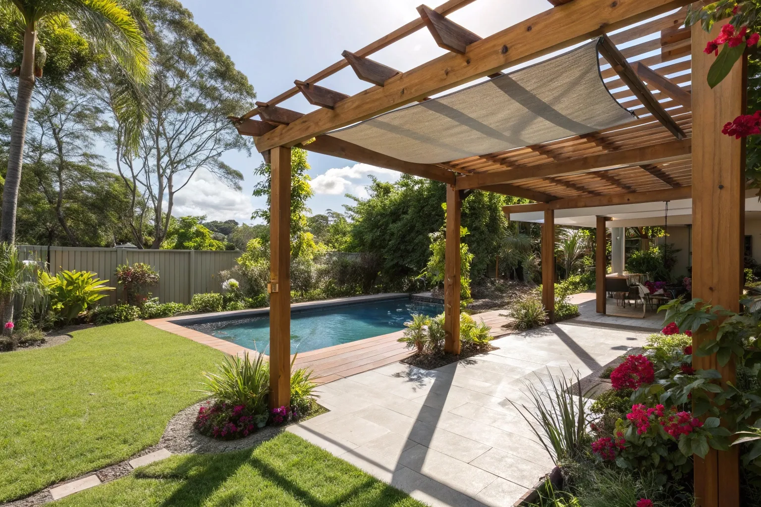 A modern timber pergola installed next to a pool