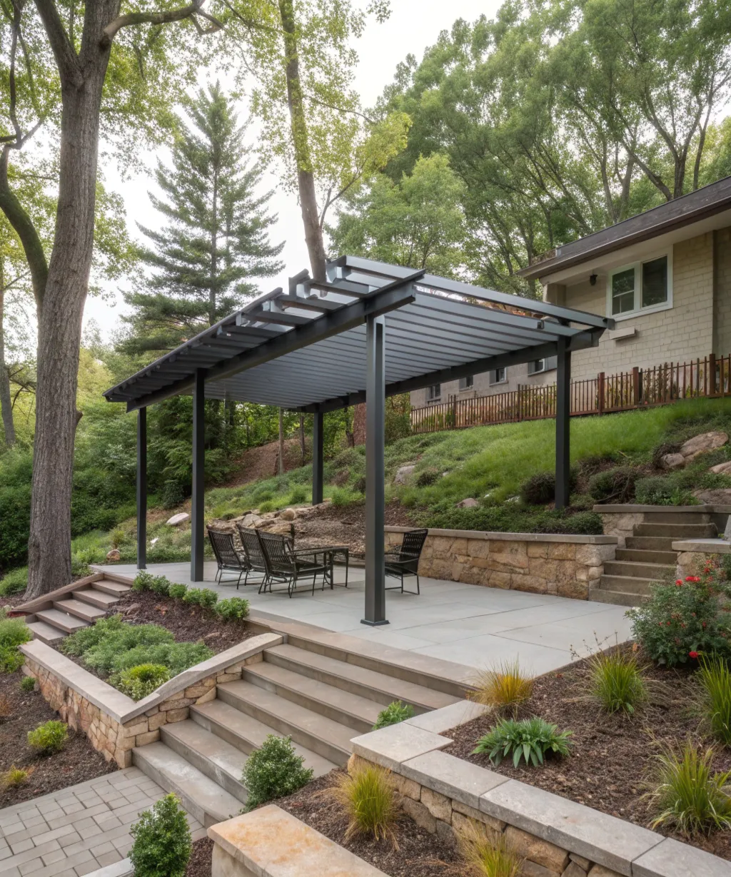 A pergola installed on a sloped residential block