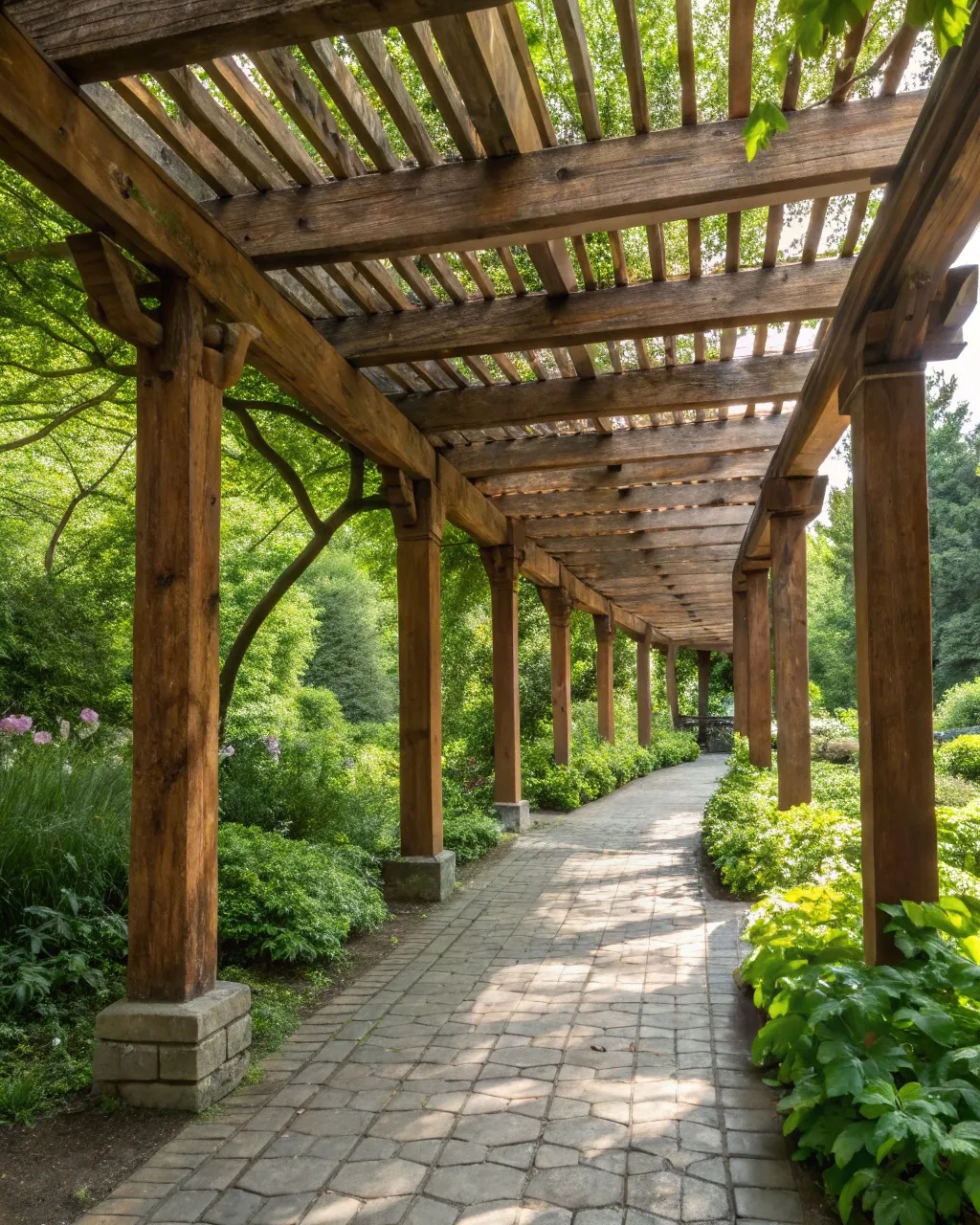 A timber pergola with open beam rafters and staine