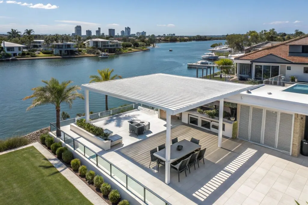 Luxury Broadbeach waterfront property featuring premium louvred pergola that increases home value