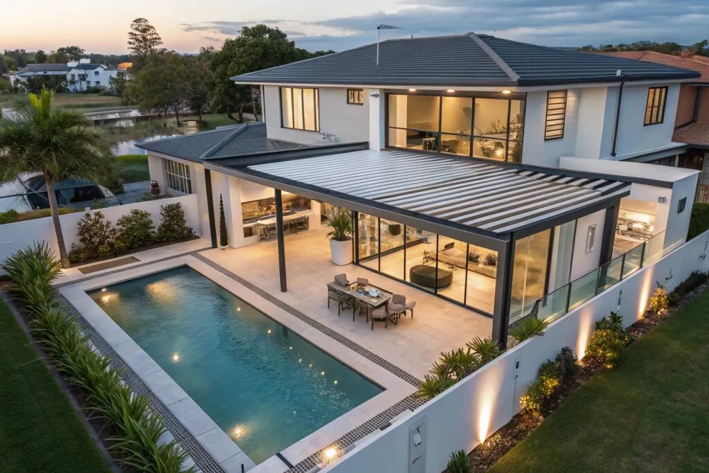 aerial view of modern Burleigh Waters home with luxury pergola connecting indoor space to pool area with louvred roof and lighting
