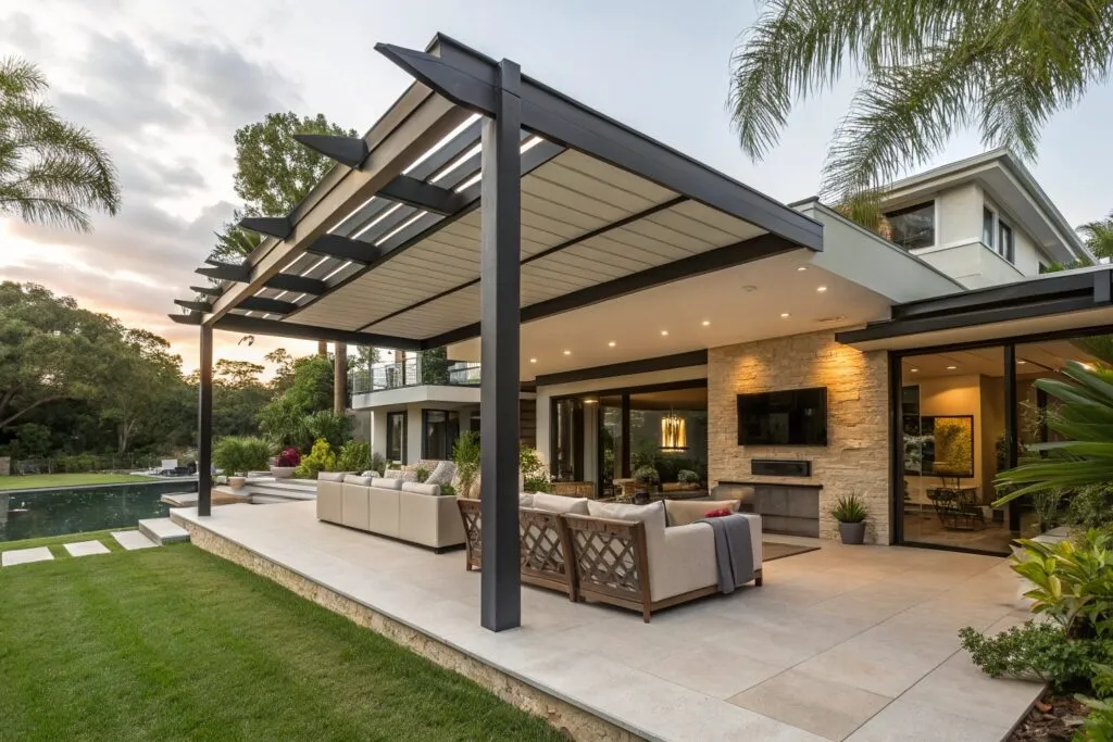 Asymmetrical pergola design with angular roof lines matching a contemporary architect-designed home in an upscale Gold Coast neighborhood, with outdoor furniture creating a luxury entertainment space