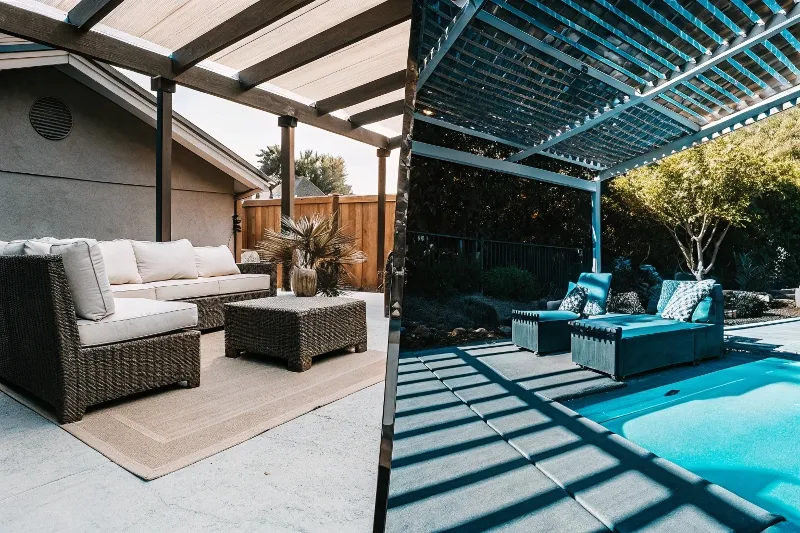 Before and after transformation showing how an architecturally matched pergola converts a basic patio into a stylish outdoor living space