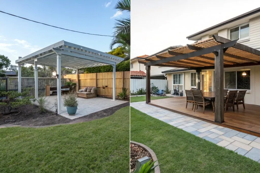Before and after transformation of Broadbeach property with installation of storm-resistant coastal pergola creating outdoor living space