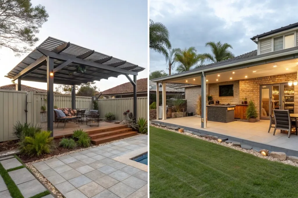 Before and after comparison showing Burleigh Waters backyard transformation with custom pergola installation and outdoor entertaining area